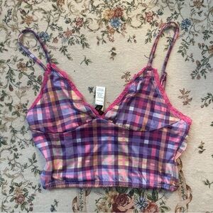 DELIA’S Y2K Pink & Purple Plaid Lace-Trim Top